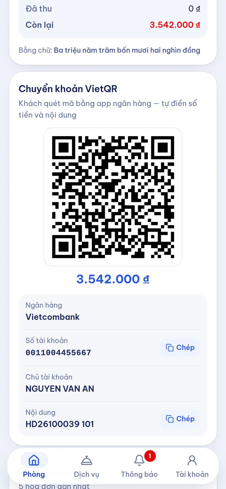 Hóa đơn có mã VietQR trong app khách thuê