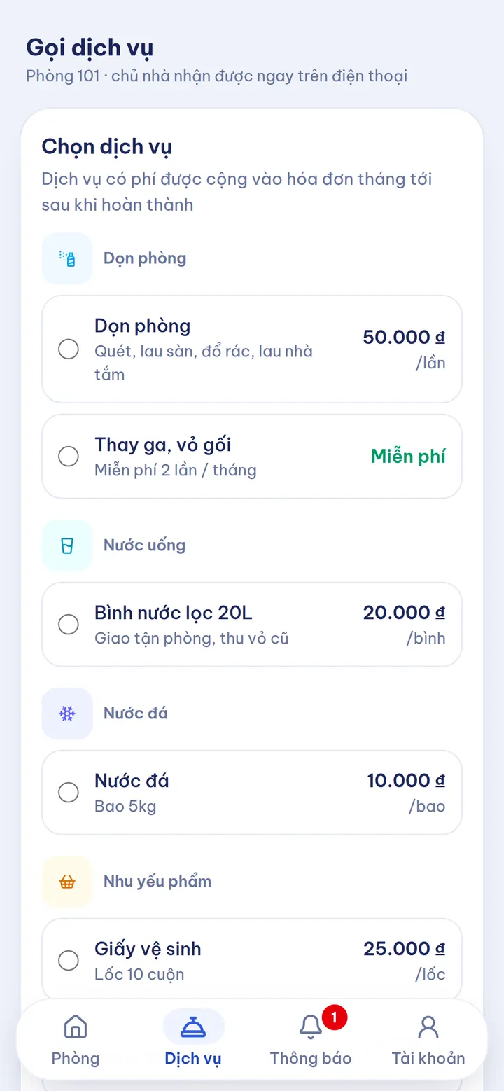 Khách thuê gọi dịch vụ