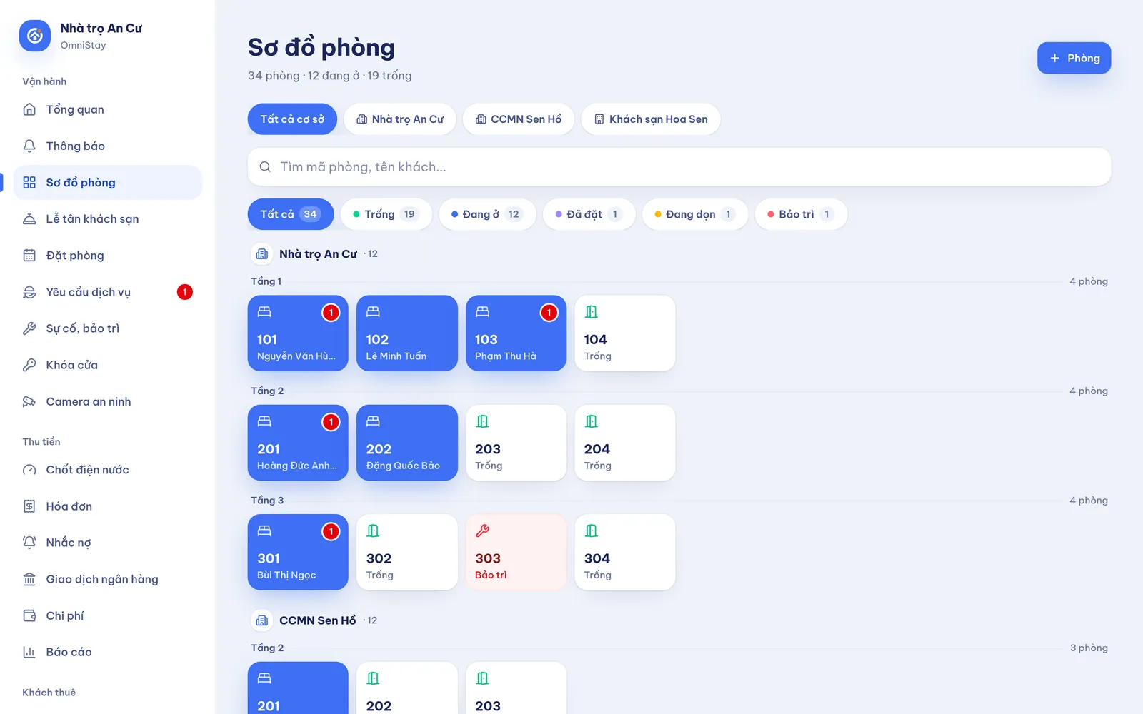 Sơ đồ phòng theo tầng trên máy tính