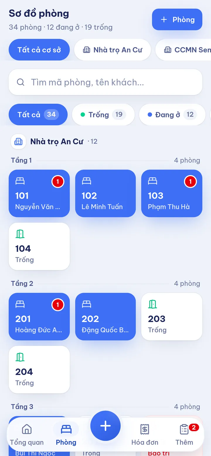 Sơ đồ phòng theo tầng trong app quản lý