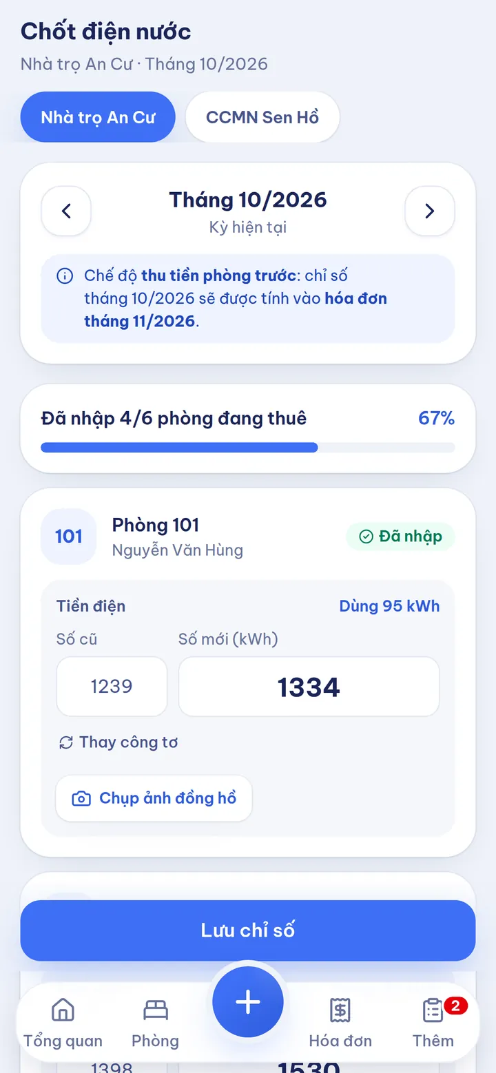 Màn hình chốt chỉ số điện nước theo phòng