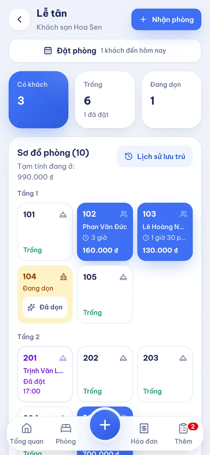Màn hình lễ tân khách sạn với sơ đồ phòng theo giờ