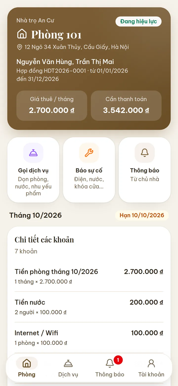 App khách thuê với theme vàng đồng