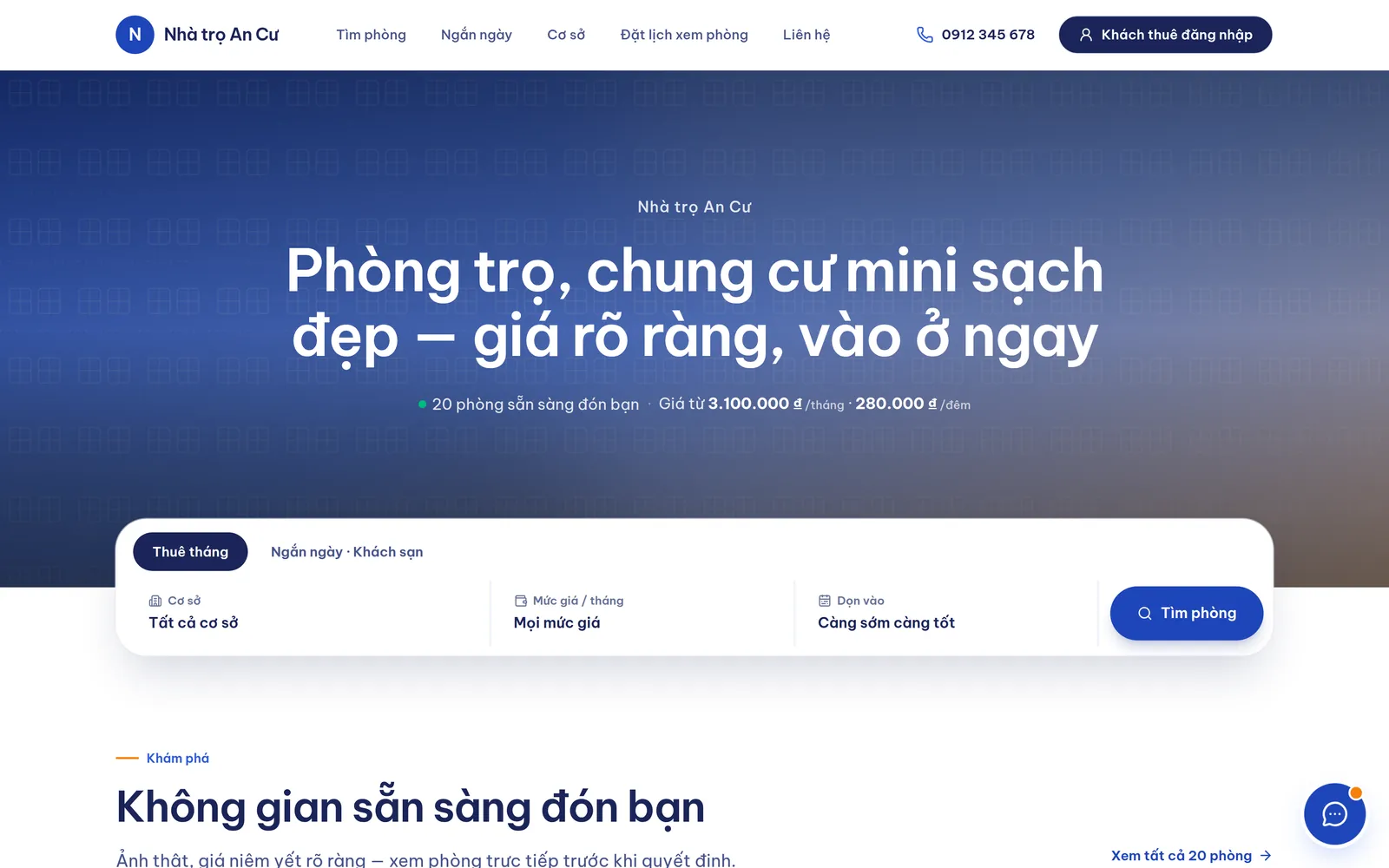Website giới thiệu phòng trống mang tên cơ sở